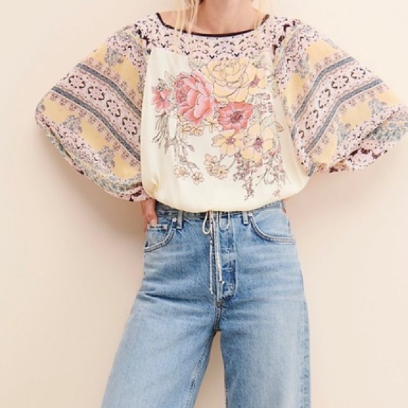 Free People Tops - Free People Blue Nile Floral Printed Balloon Sleeve Blouse